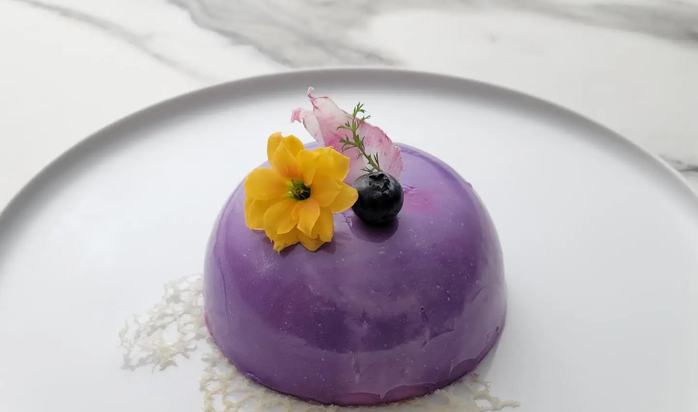 A purple dome dessert topped with a yellow flower and a blackberry on a white plate