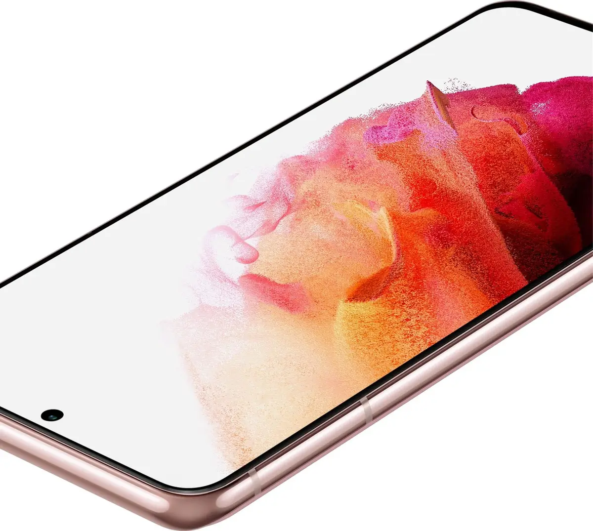 Galaxy S21 in Phantom Pink lying flat, a bright coral wallpaper on its screen