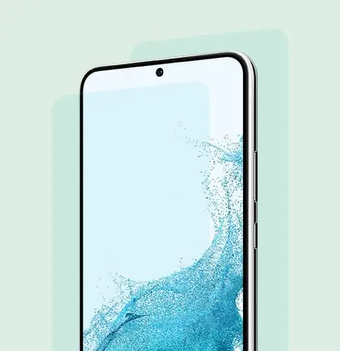 A Galaxy S22 series phone from the front, a wave of blue water across its screen