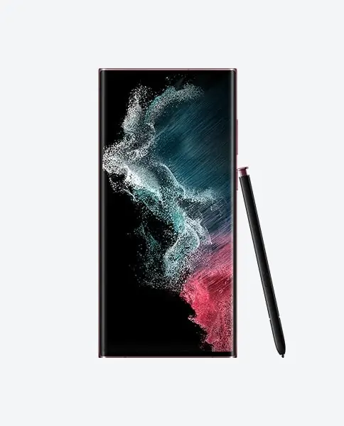 Galaxy S22 Ultra in Burgundy from the front, its S Pen leaning beside it