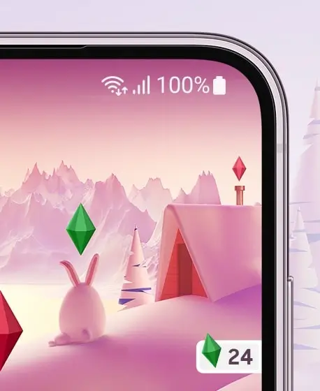 The top corner of a Galaxy S23 series screen showing a full battery over a colourful game