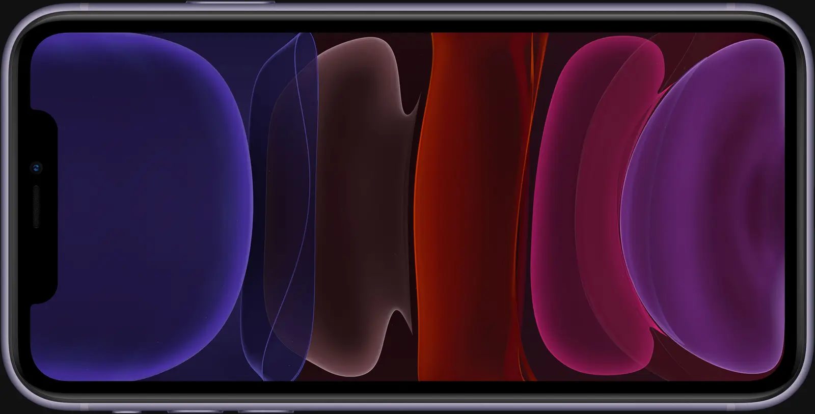 The front of a Purple iPhone 11 with a colourful wallpaper, lying on its side
