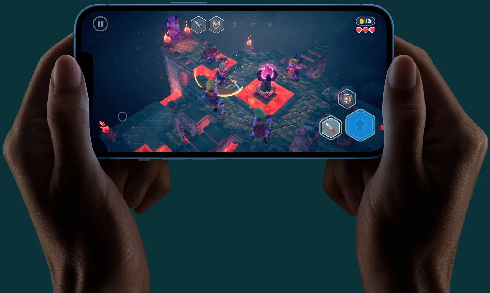 Two hands holding iPhone 13 sideways, playing a fantasy action game