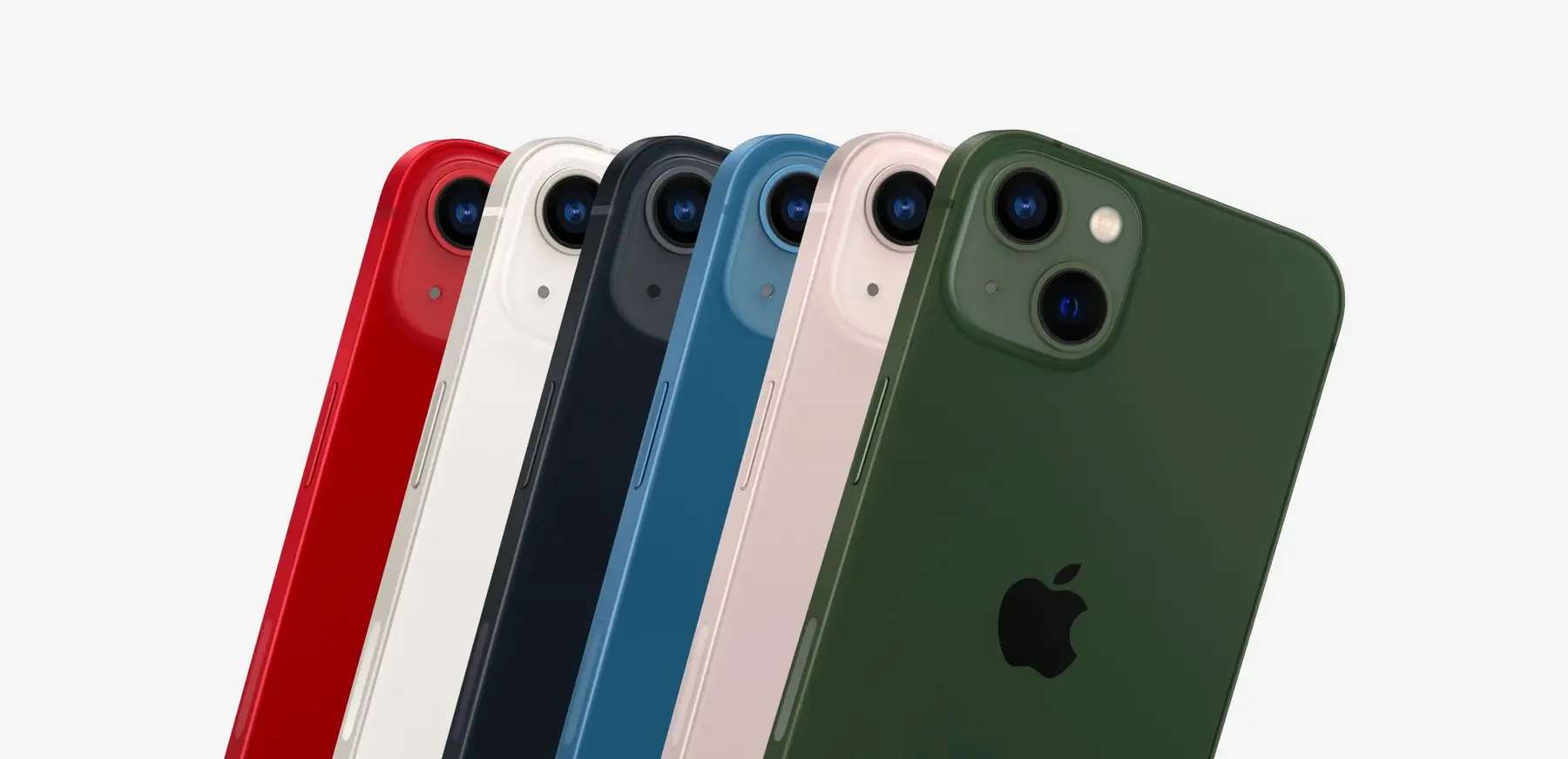 iPhone 13 in Red, Starlight, Midnight, Blue, Pink and Green, fanned out and seen from the back