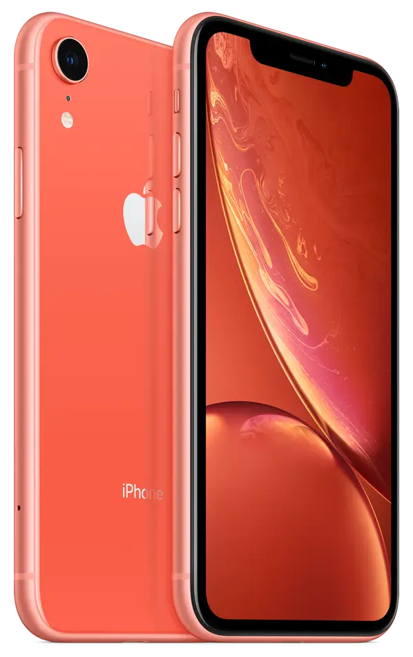 iPhone XR in Coral, back and front