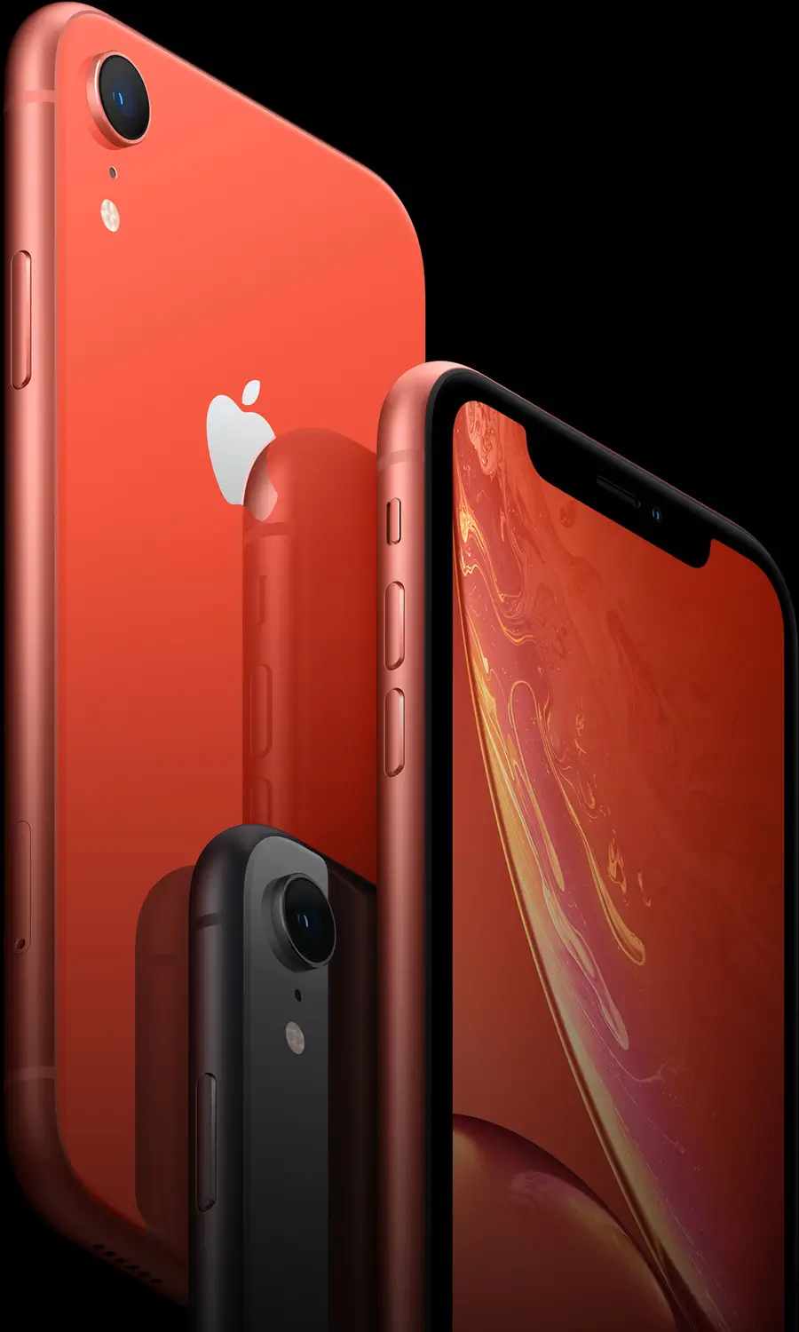 iPhone XR in Coral from the back and front, with a Black one in front of them