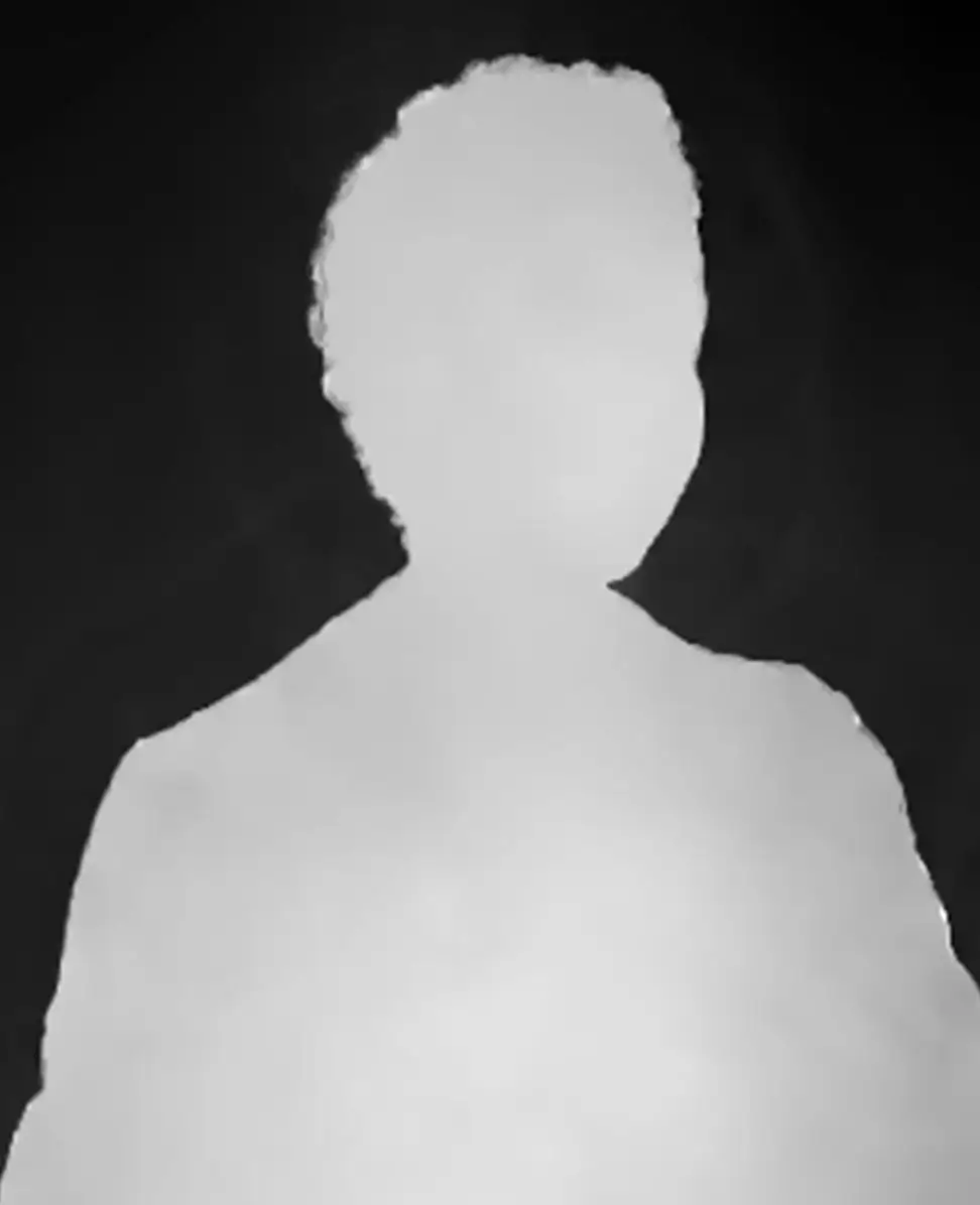 A depth map of the photo: her silhouette in white against a dark background