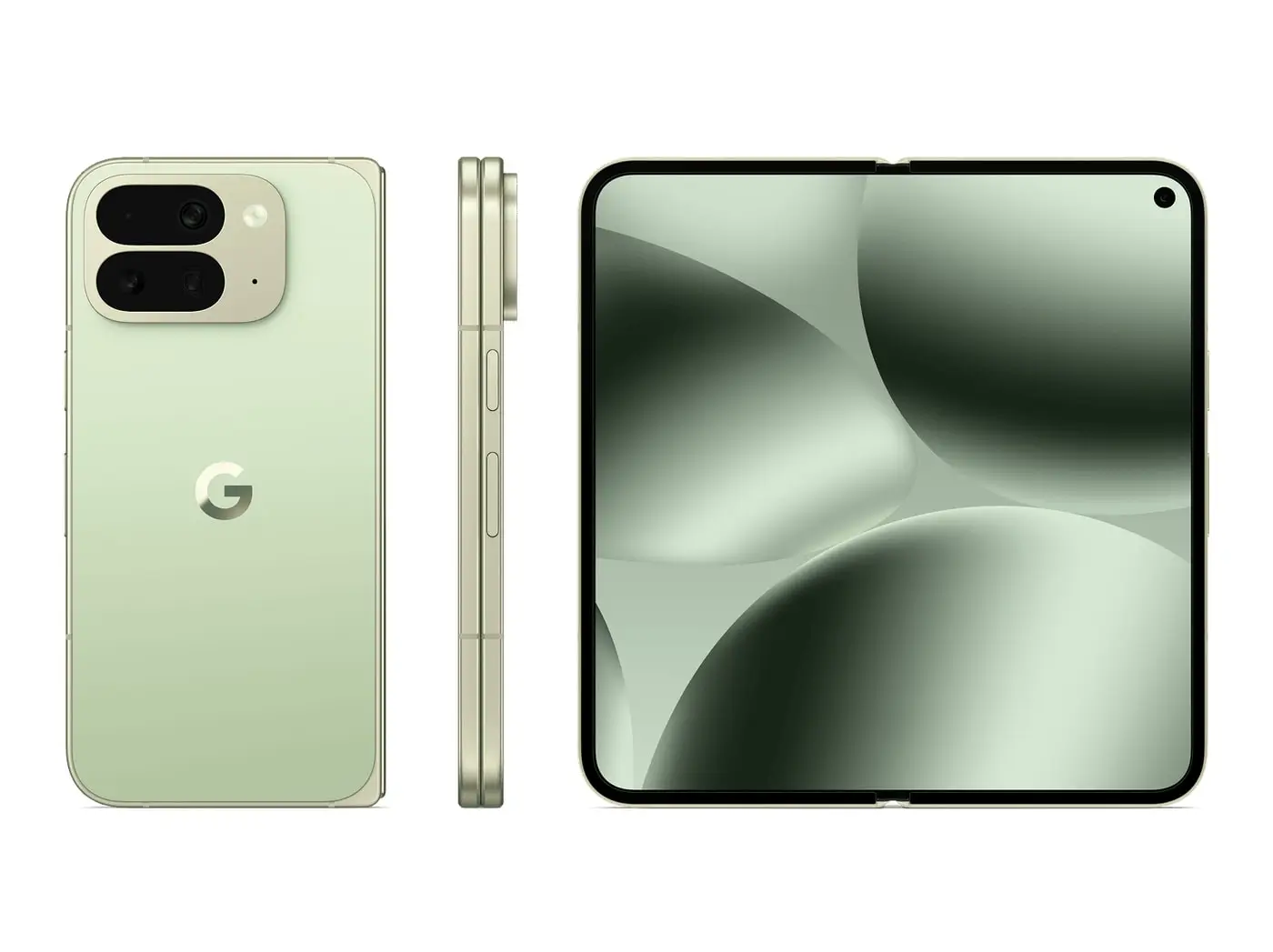 Pixel 10 Pro Fold in Jade: the back, the side and the open inner screen