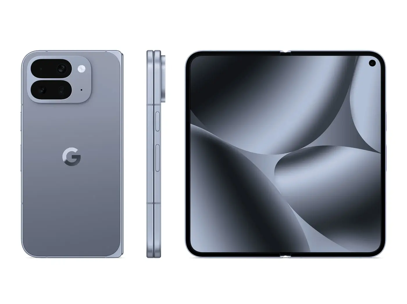 Pixel 10 Pro Fold in Moonstone: the back, the side and the open inner screen