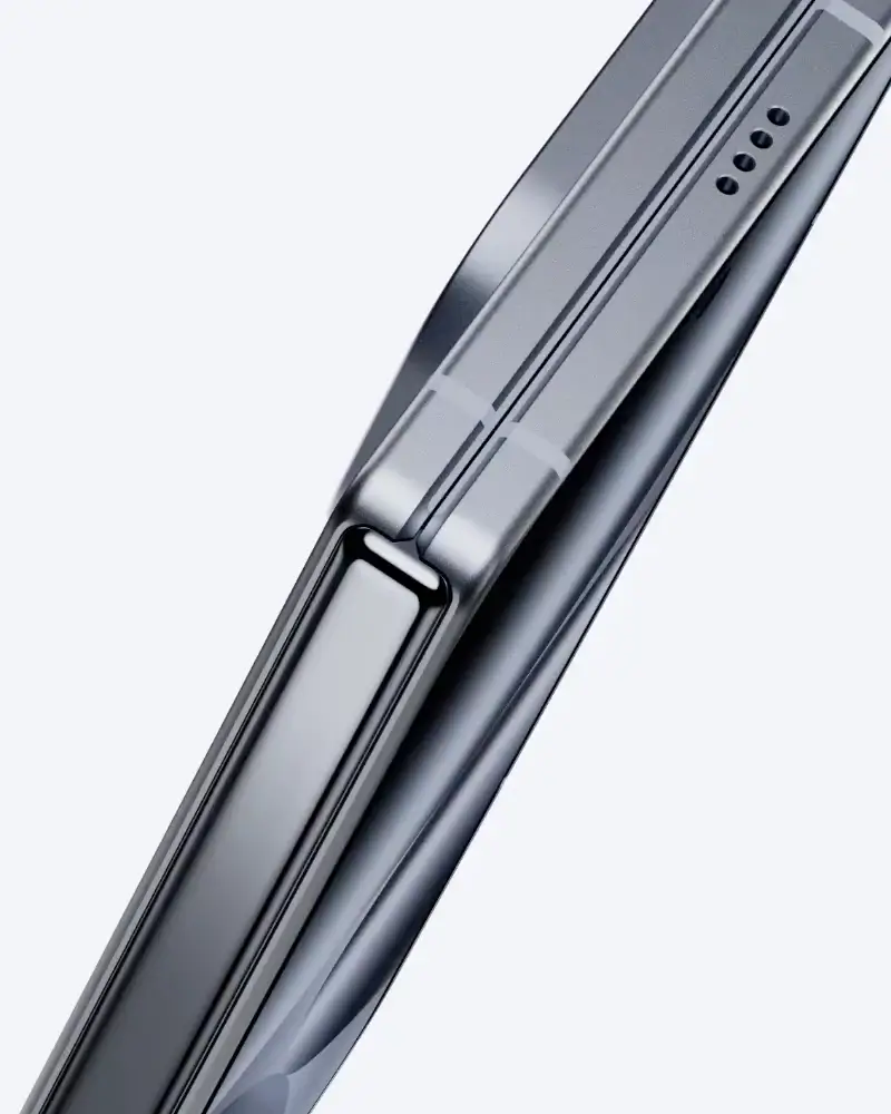 The hinge of a half-open Moonstone Pixel 10 Pro Fold up close, where the two halves meet