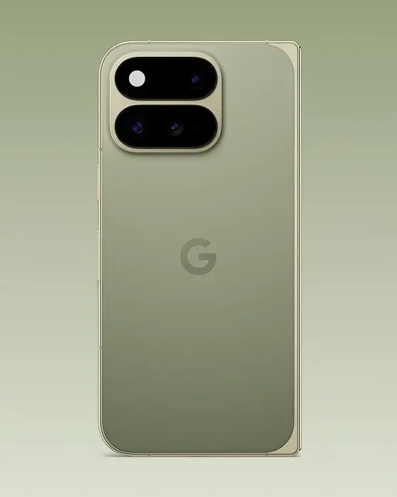 The matte back of an Olive Pixel 11 Pro Fold with its camera bar and G logo