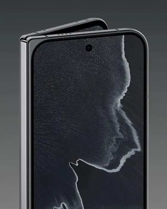 Pixel 11 Pro Fold in Obsidian, open and angled to show the inner screen and its edge