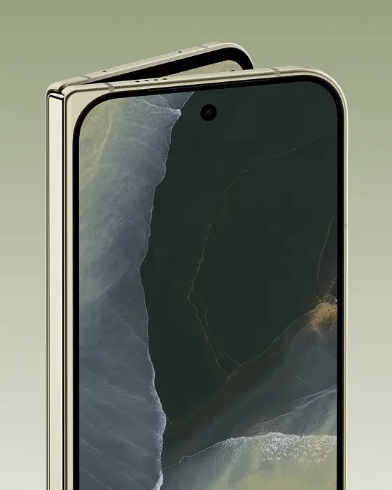 Pixel 11 Pro Fold in Olive, open and angled to show the inner screen and its edge
