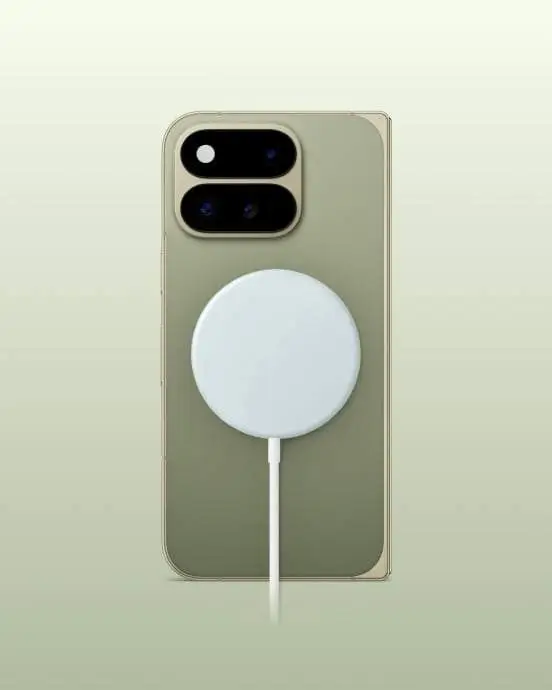 A Pixelsnap wireless charger attached magnetically to the back of an Olive Pixel 11 Pro Fold