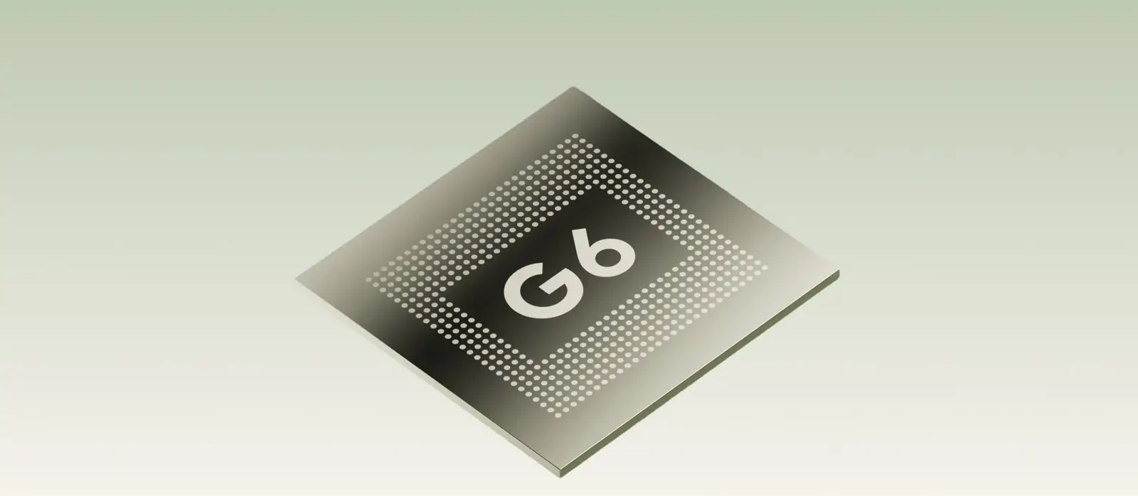 The Google Tensor G6 chip, angled on a pale green background