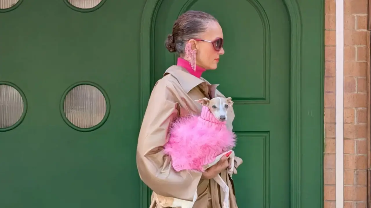 Closer in: the woman in sunglasses by a green door, holding a small dog in a pink jumper