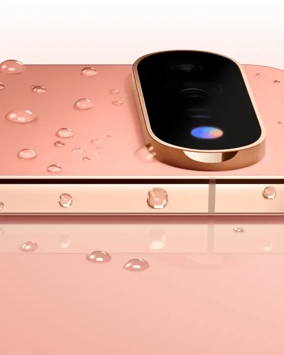 Water droplets beaded on the back and camera bar of a Canyon Pixel 11 Pro phone
