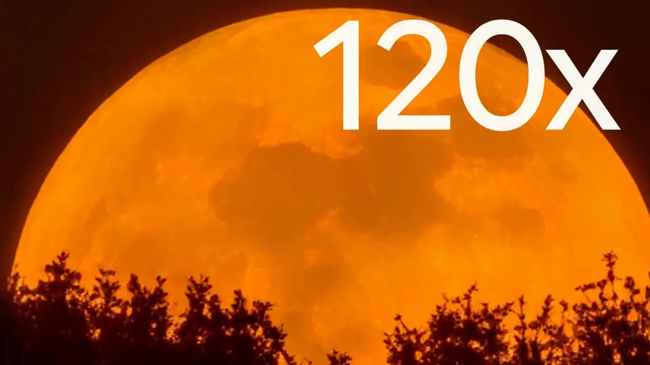 At 120x: the orange moon fills the frame, its craters visible above the treetops, with Google's 120x label
