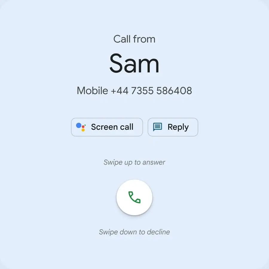 An incoming call from Sam with a Screen call button