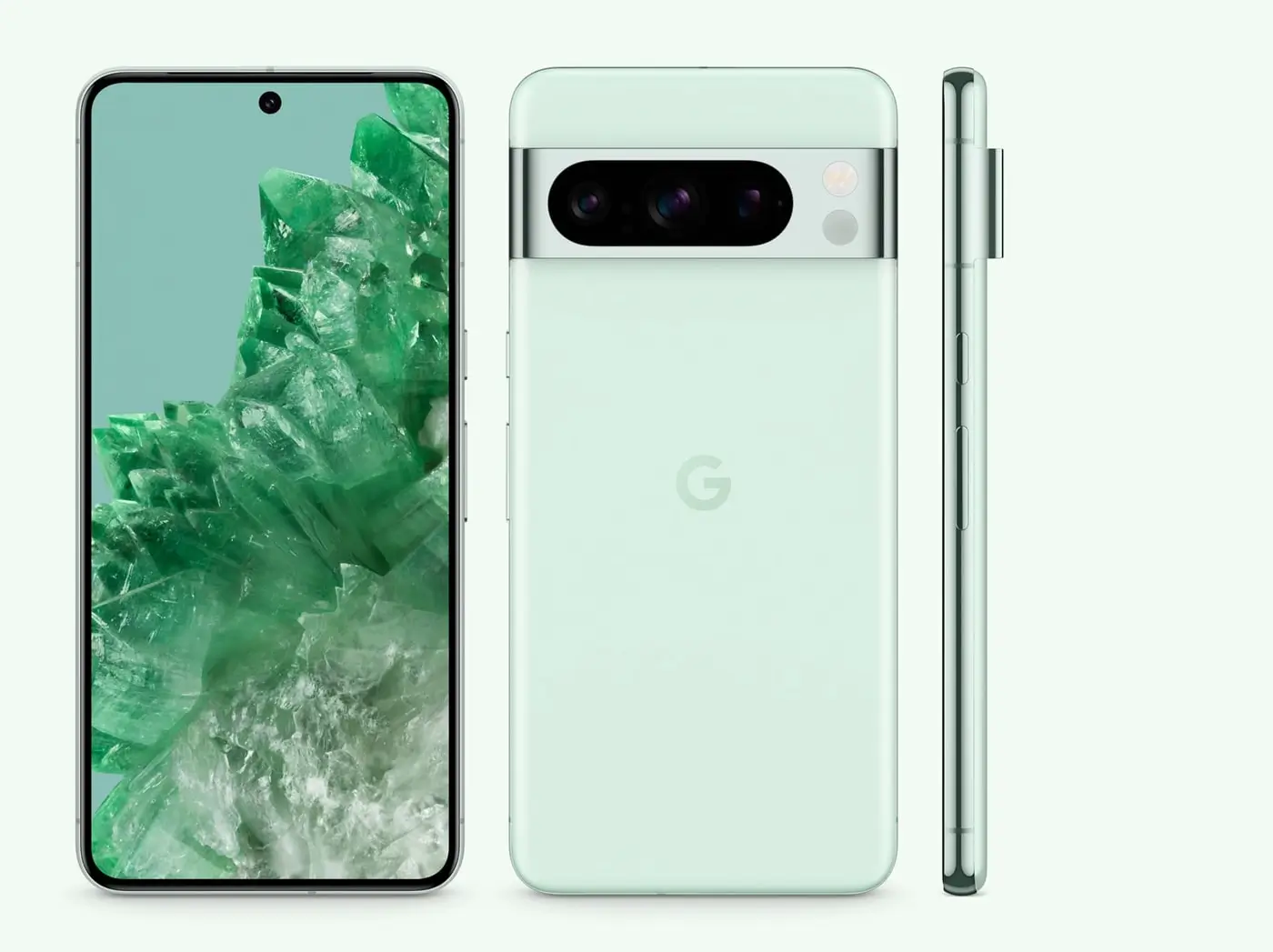 Pixel 8 Pro in Mint: the front, the back and the side