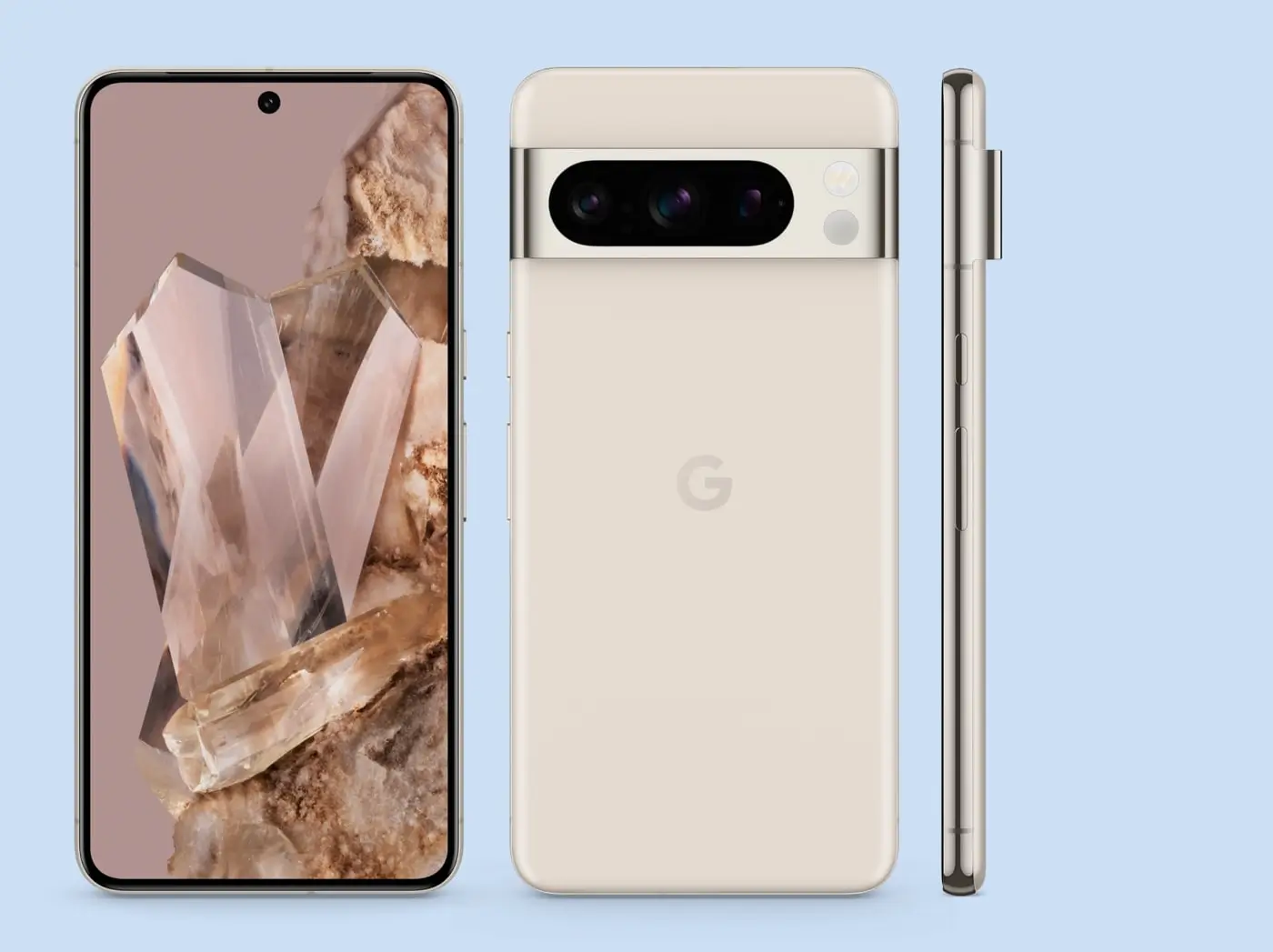 Pixel 8 Pro in Porcelain: the front, the back and the side