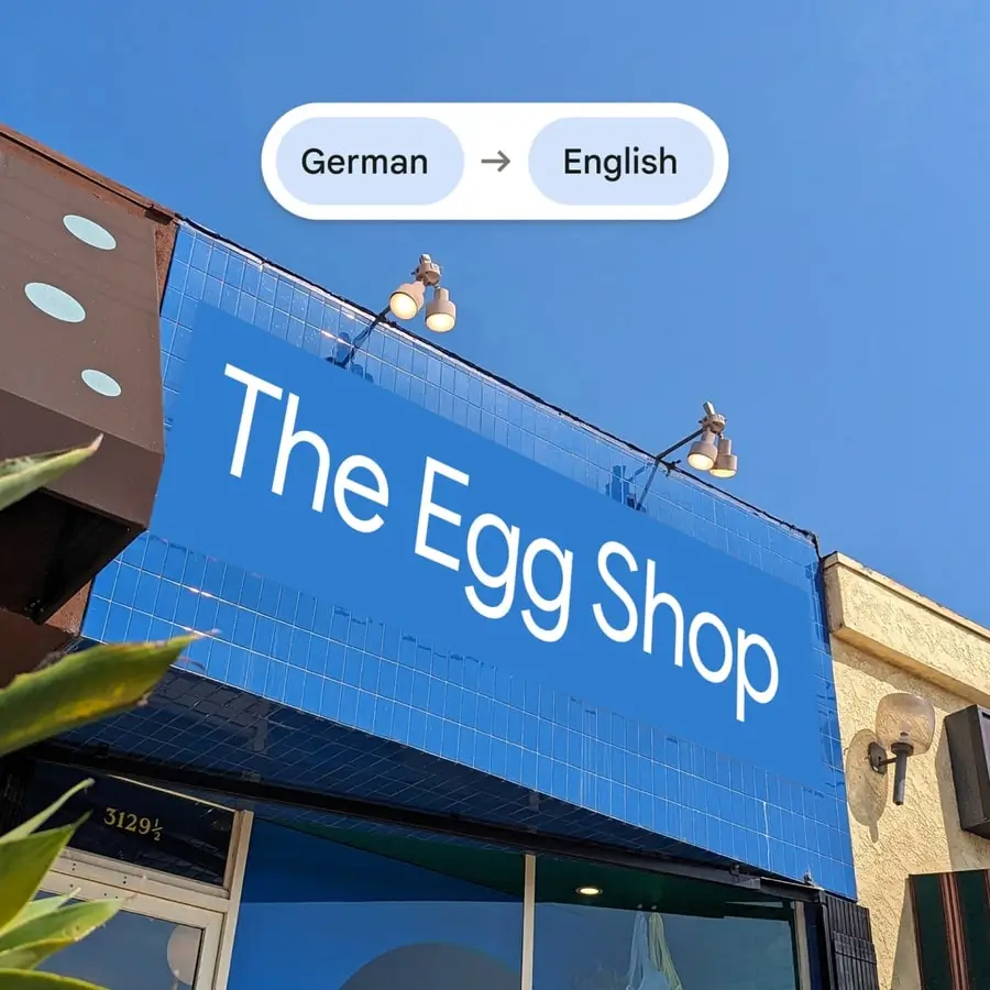 Live Translate turns a German shop sign into English: The Egg Shop