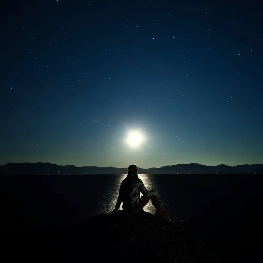 Night Sight: a person sits on a rock by the sea under a bright moon and starry sky
