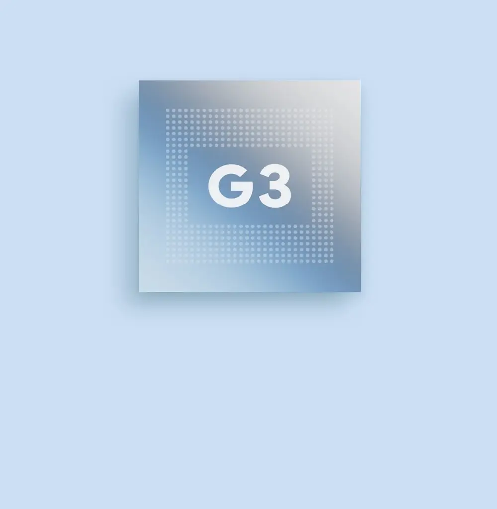 Graphic of the Google Tensor G3 chip on a pale blue background