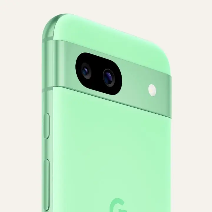 The back of an Aloe Pixel 8a up close, its camera bar and matte back
