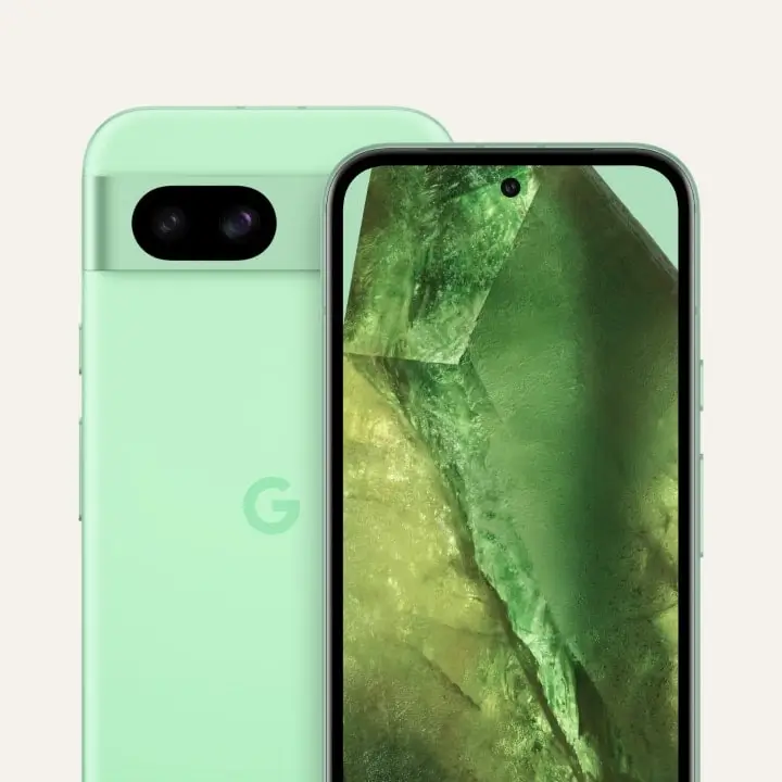 An Aloe Pixel 8a from the front and back, a green crystal on its screen