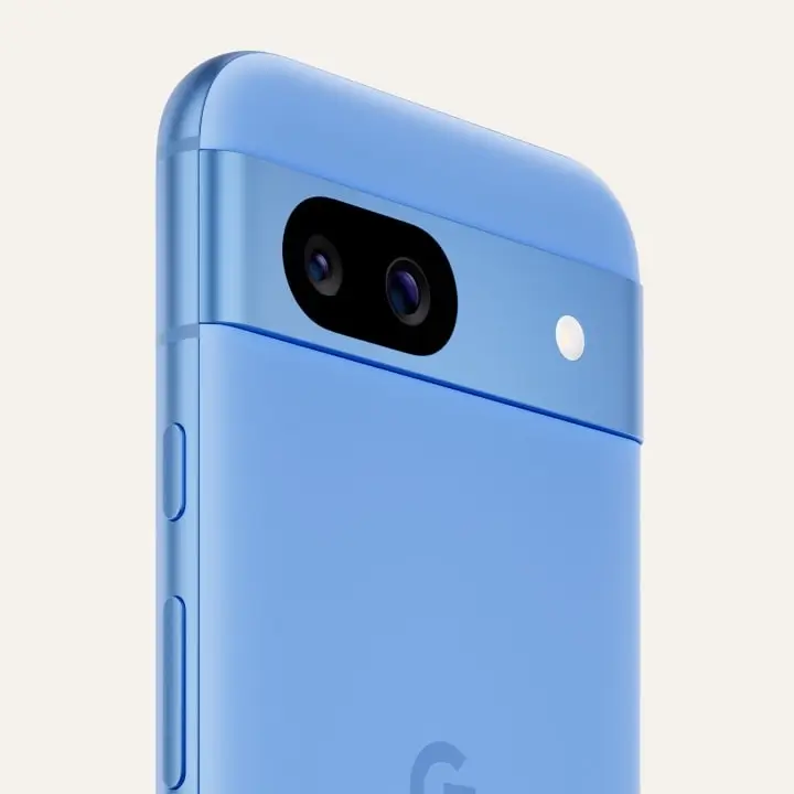 The back of a Bay Pixel 8a up close, its camera bar and matte back