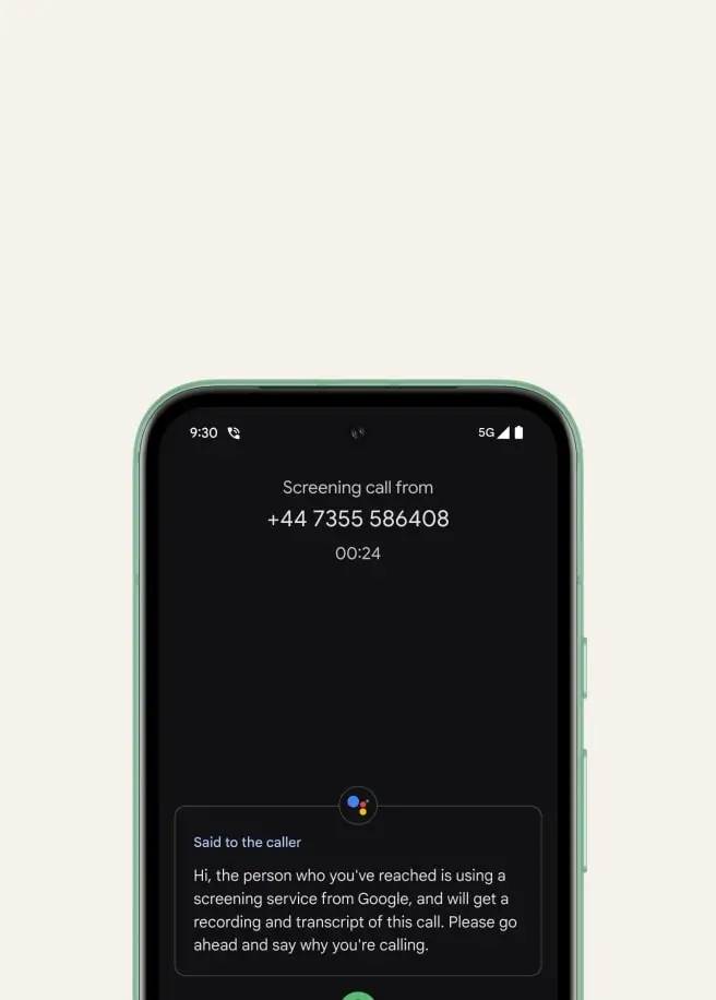 An Aloe Pixel 8a screening a call from an unknown number, showing what was said to the caller