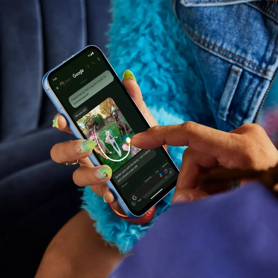 A hand circles a dog in a photo on a Bay Pixel 8a with Circle to Search