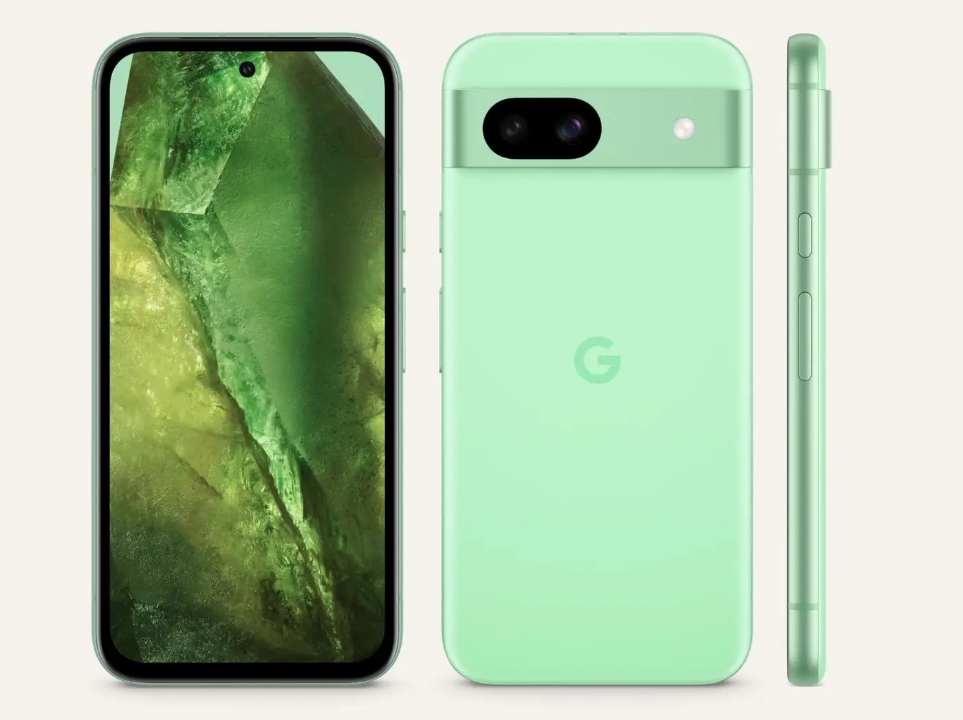 Pixel 8a in Aloe: the front, the back and the side