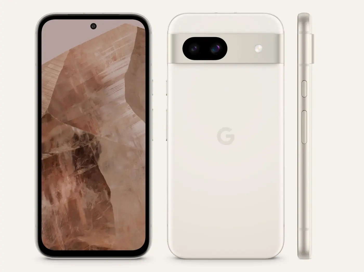 Pixel 8a in Porcelain: the front, the back and the side