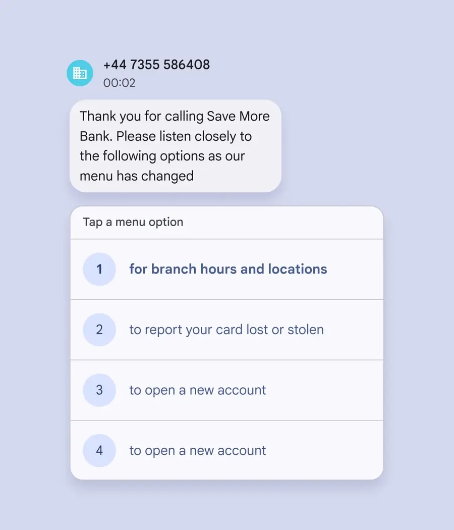 Direct My Call shows a bank's phone menu options as tappable buttons