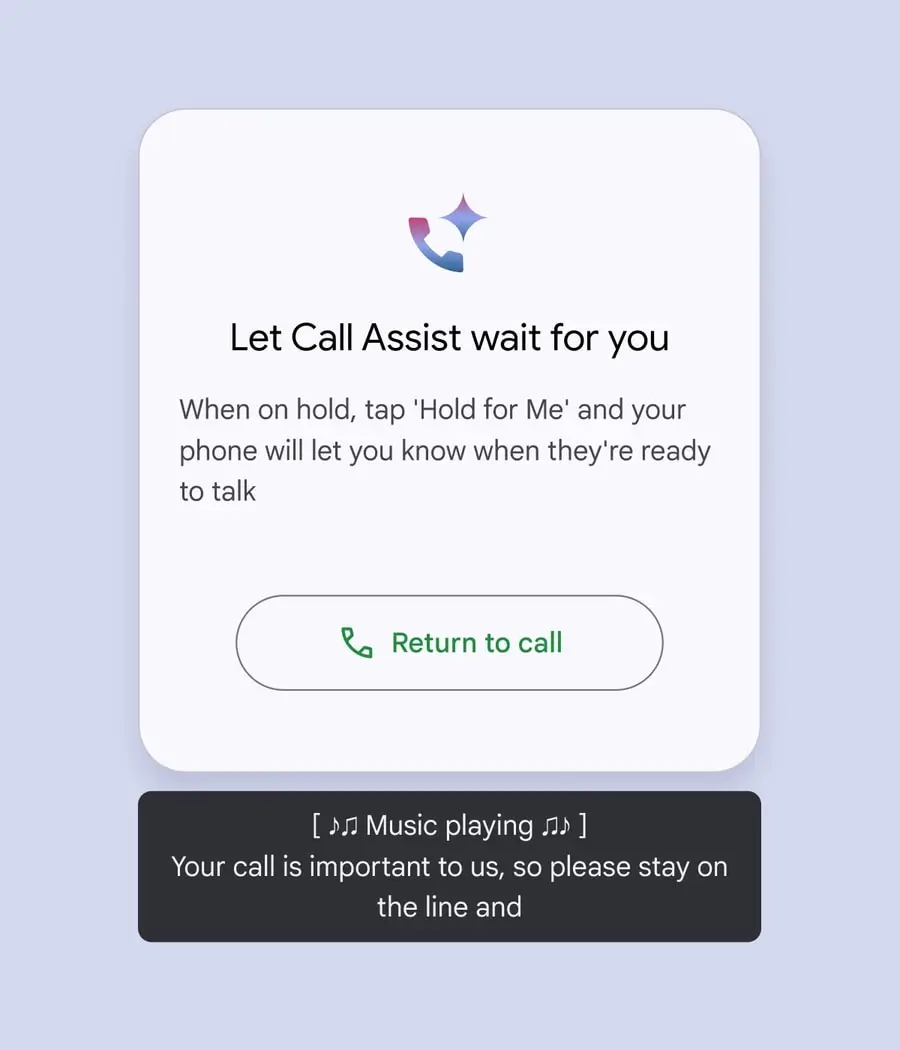 Hold for Me waits on a call while hold music plays, with a Return to call button