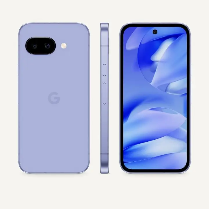 Pixel 9a in Iris: the back, the side and the front