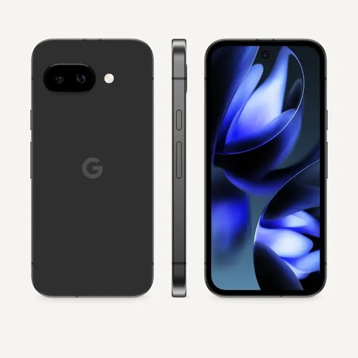 Pixel 9a in Obsidian: the back, the side and the front