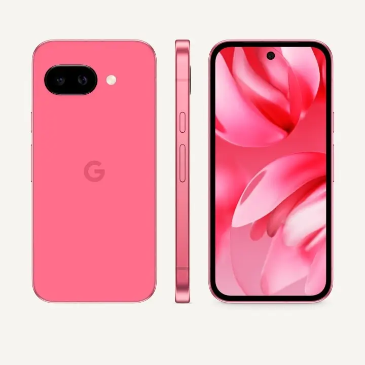 Pixel 9a in Peony: the back, the side and the front