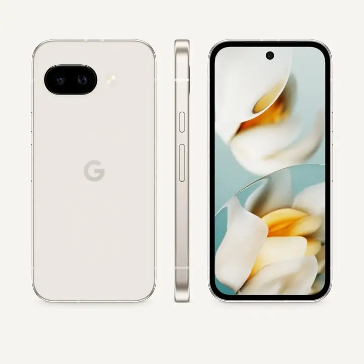Pixel 9a in Porcelain: the back, the side and the front