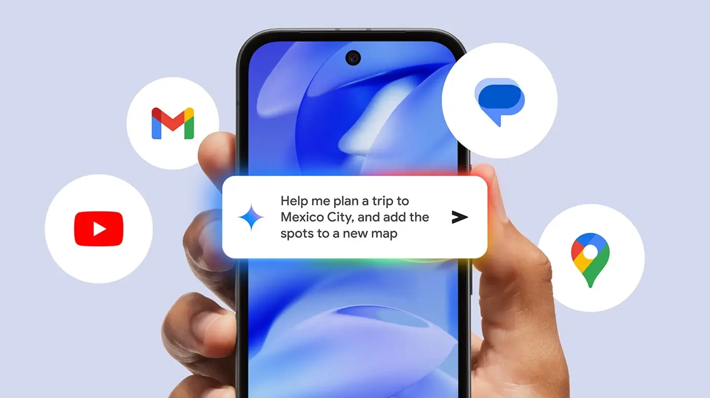 A Pixel phone shows the prompt Help me plan a trip to Mexico City and add the spots to a new map, with Gmail, YouTube, Messages and Maps icons around it