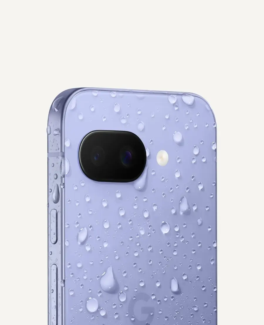 The back of an Iris Pixel 9a covered in water droplets